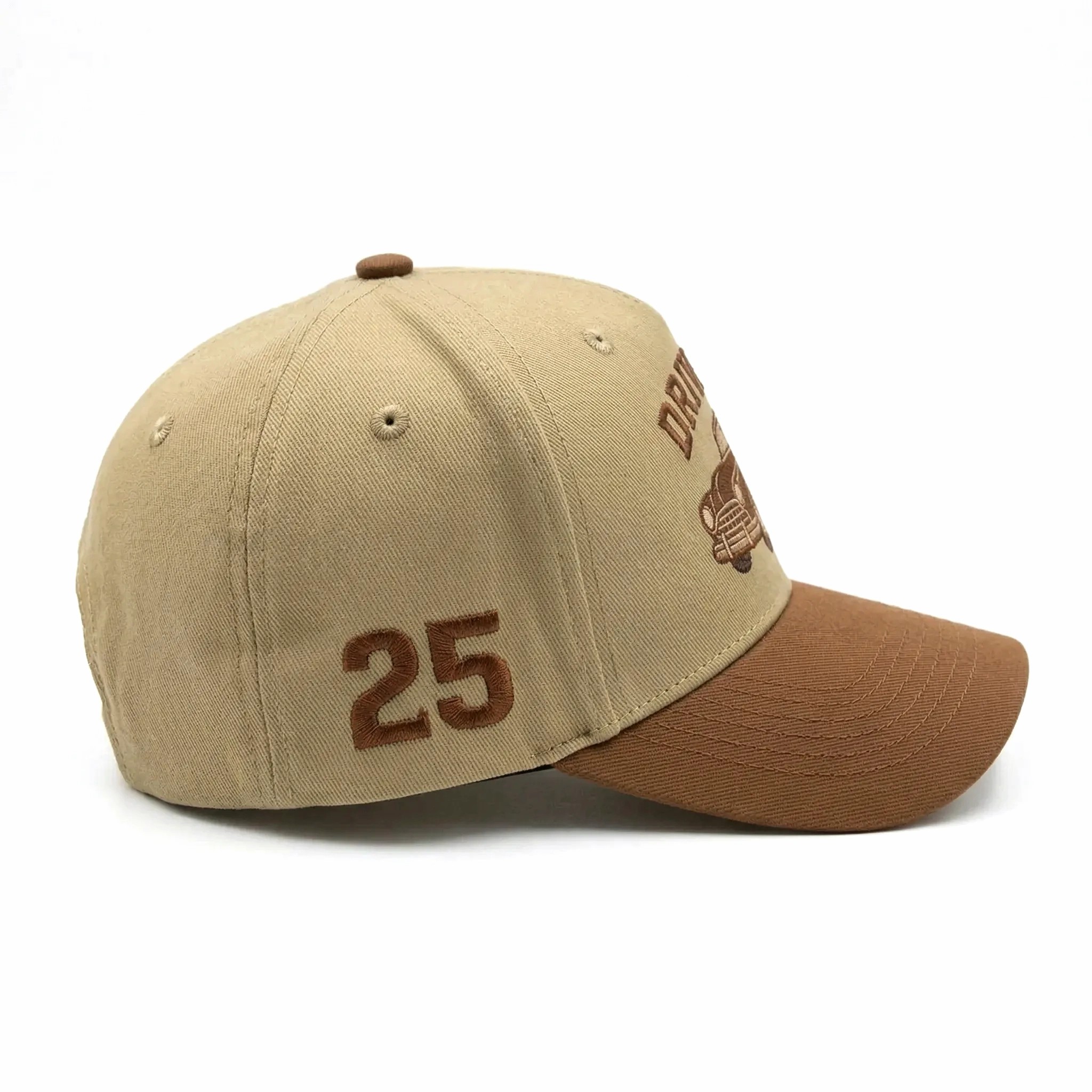 Vintage Beige and Brown Two Tone 5 Panel Cotton Twill Baseball Cap with Classic Car Embroidery