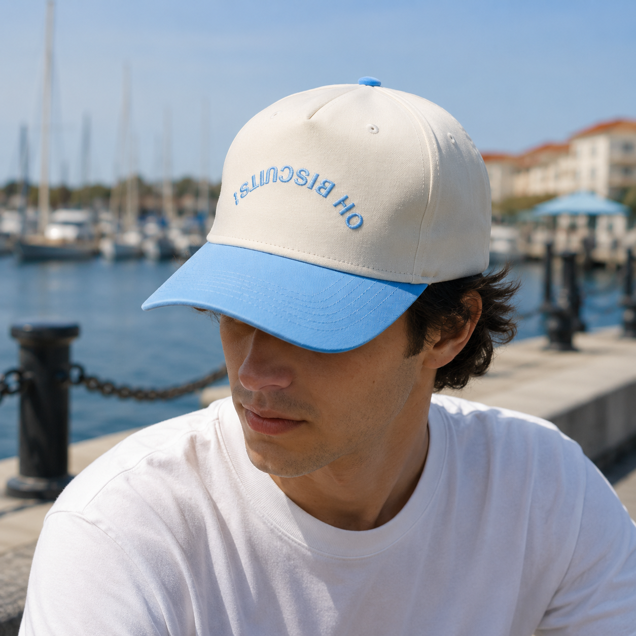 Cream and Sky Blue OH BISCUITS Two-Tone Five-Panel Cotton Twill Cap