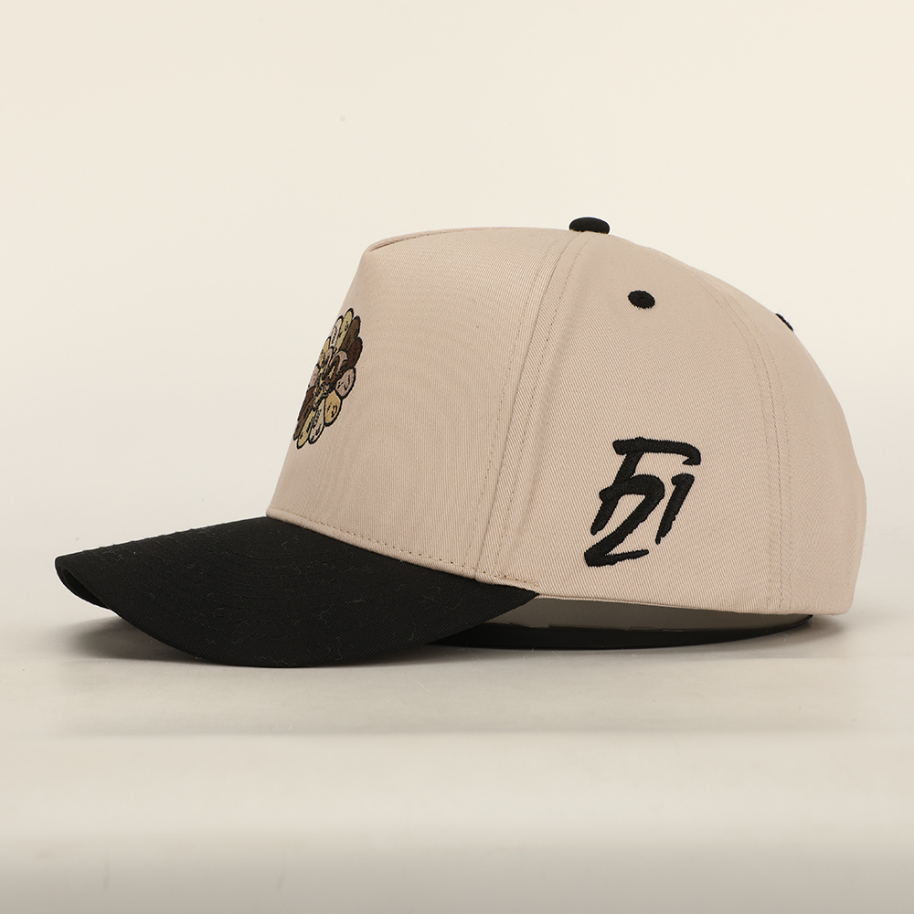 Flower Embroidered Two Tone Cotton Twill Baseball Cap