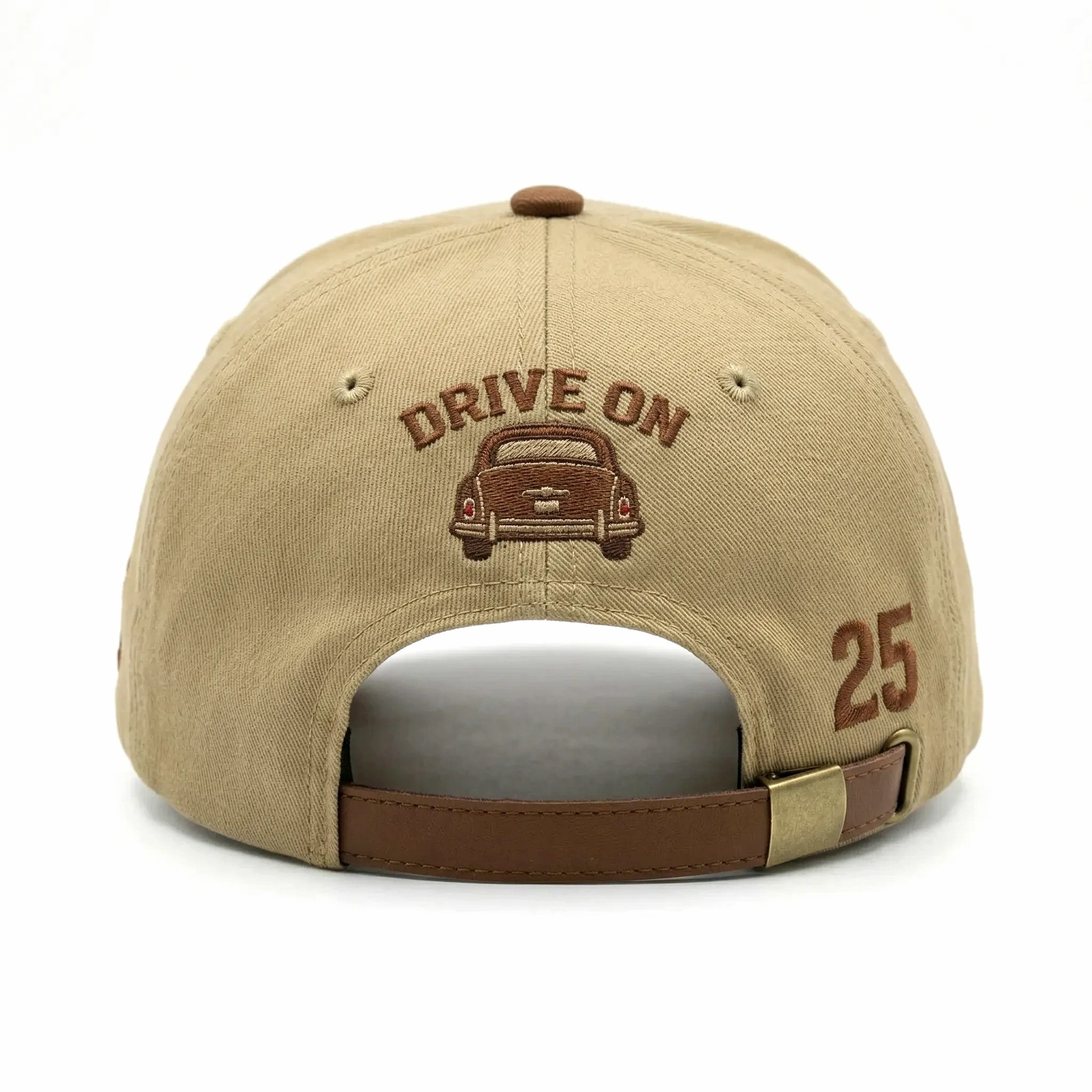 Vintage Beige and Brown Two Tone 5 Panel Cotton Twill Baseball Cap with Classic Car Embroidery