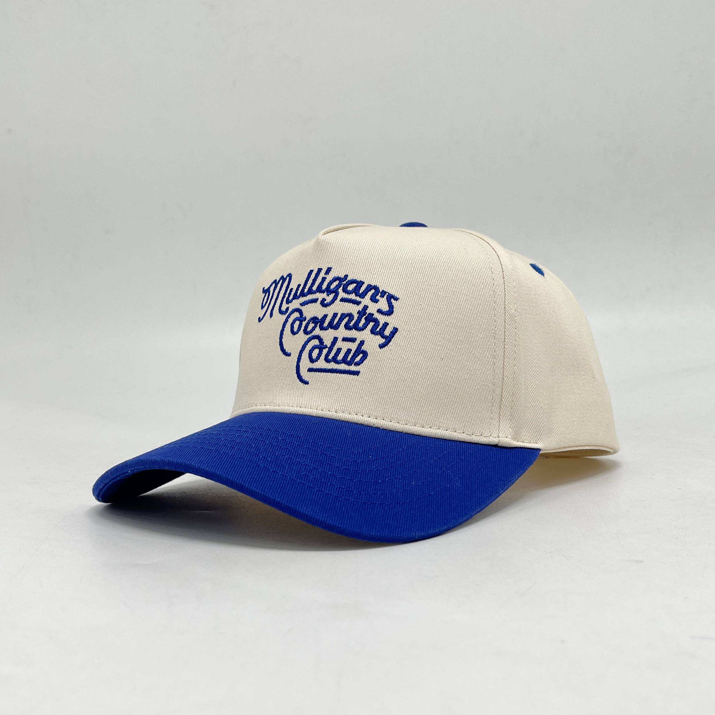 Ivory and Royal Blue Five-Panel Cotton Twill Cap with Mulligans Script Embroidery