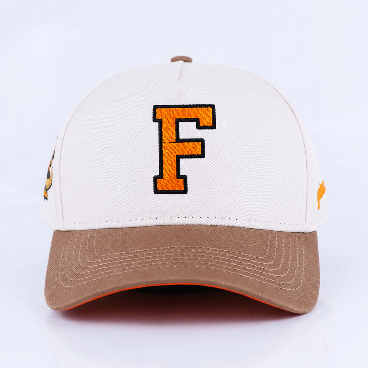 White and Khaki Embroidered Logo Five-Panel Baseball Cap