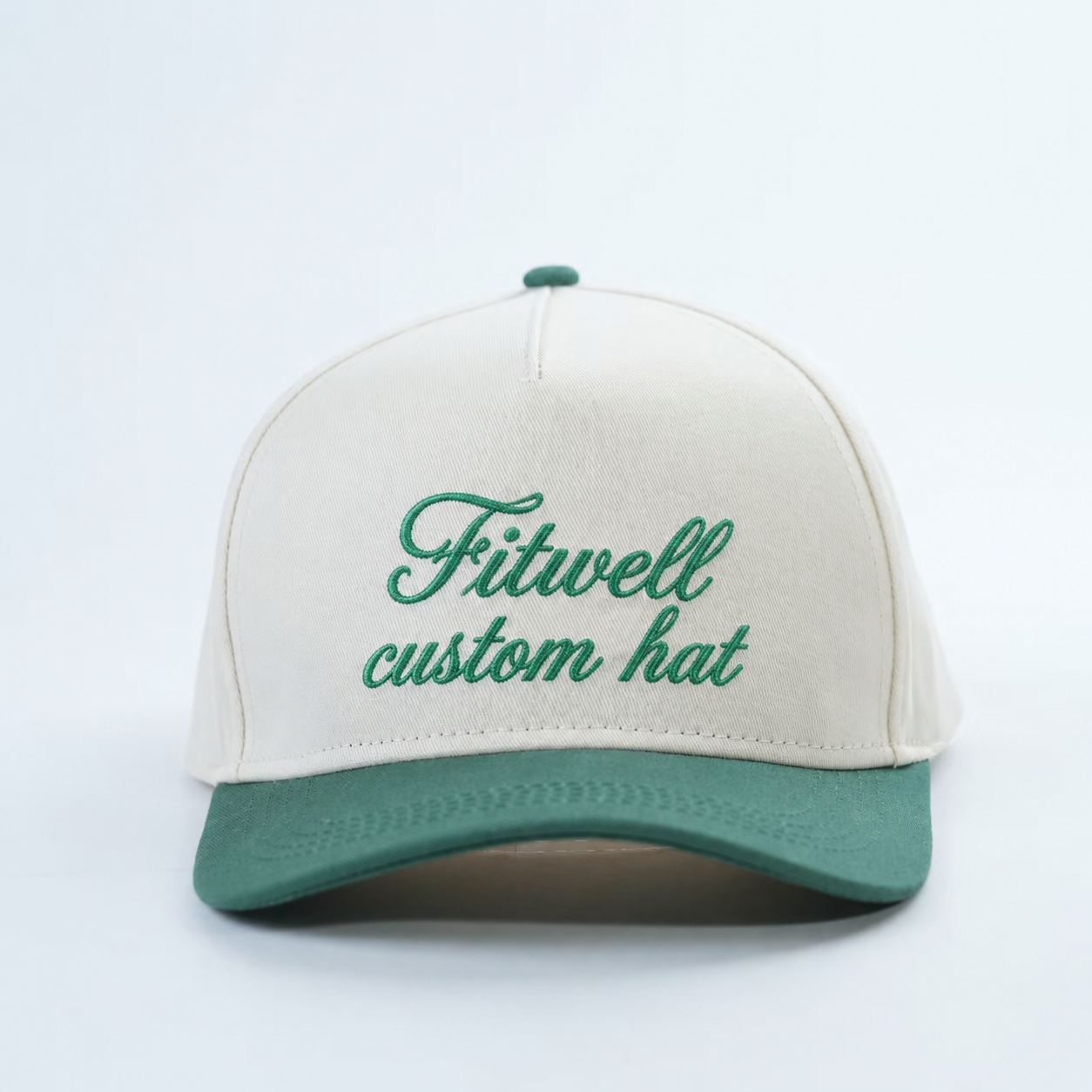 Cream and Green Two-Tone Script Embroidered Baseball Cap