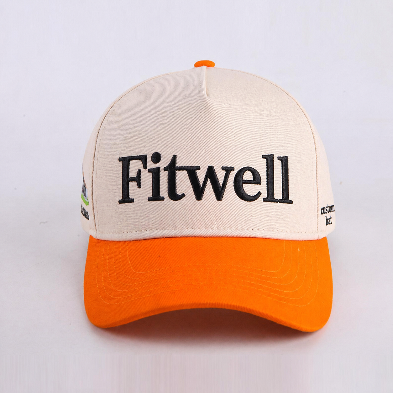 Cream and Orange Five Panel Baseball Cap with Black Statement Embroidery