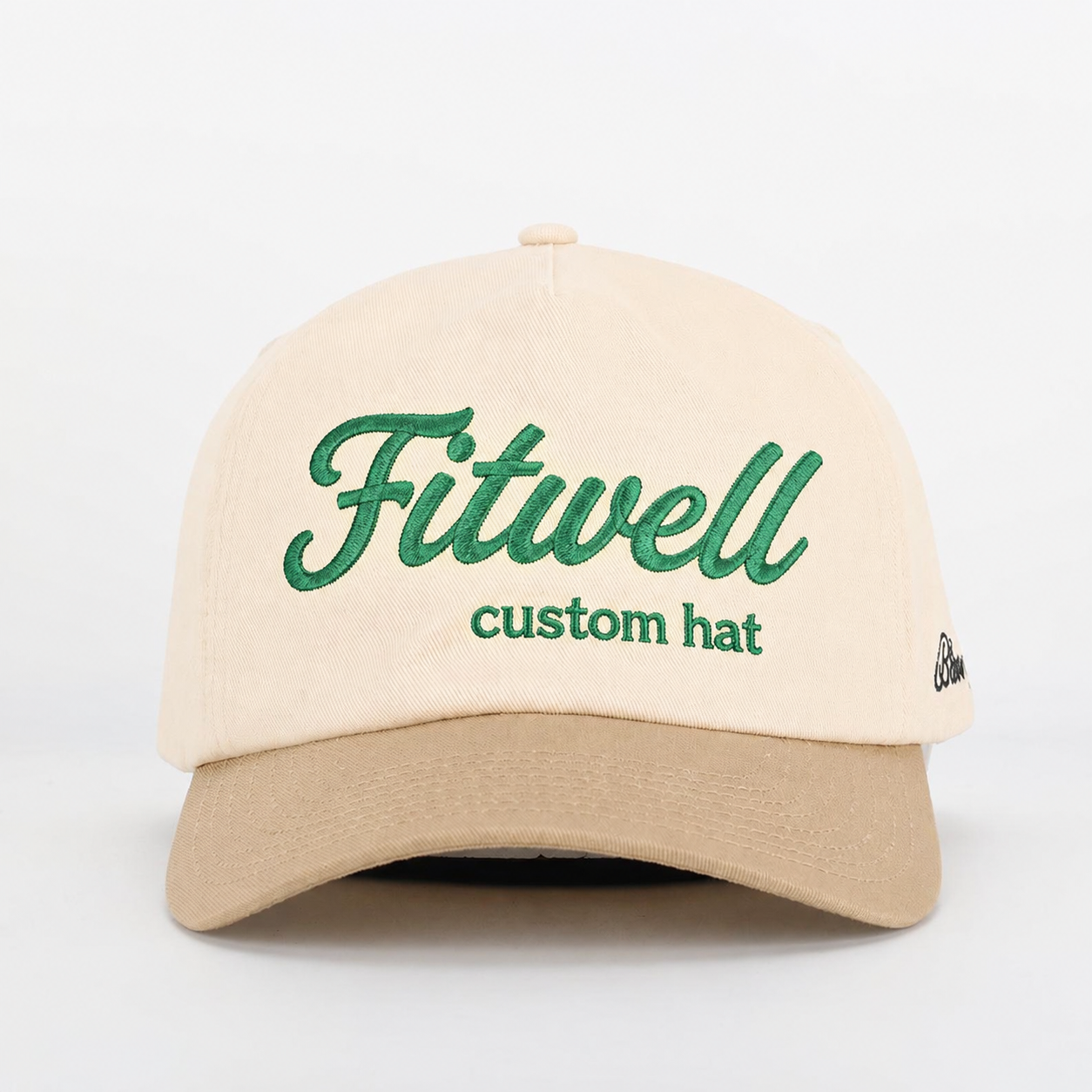 Cream Khaki Two-Tone 5-Panel Cotton Twill Baseball Cap with Green Script Embroidery