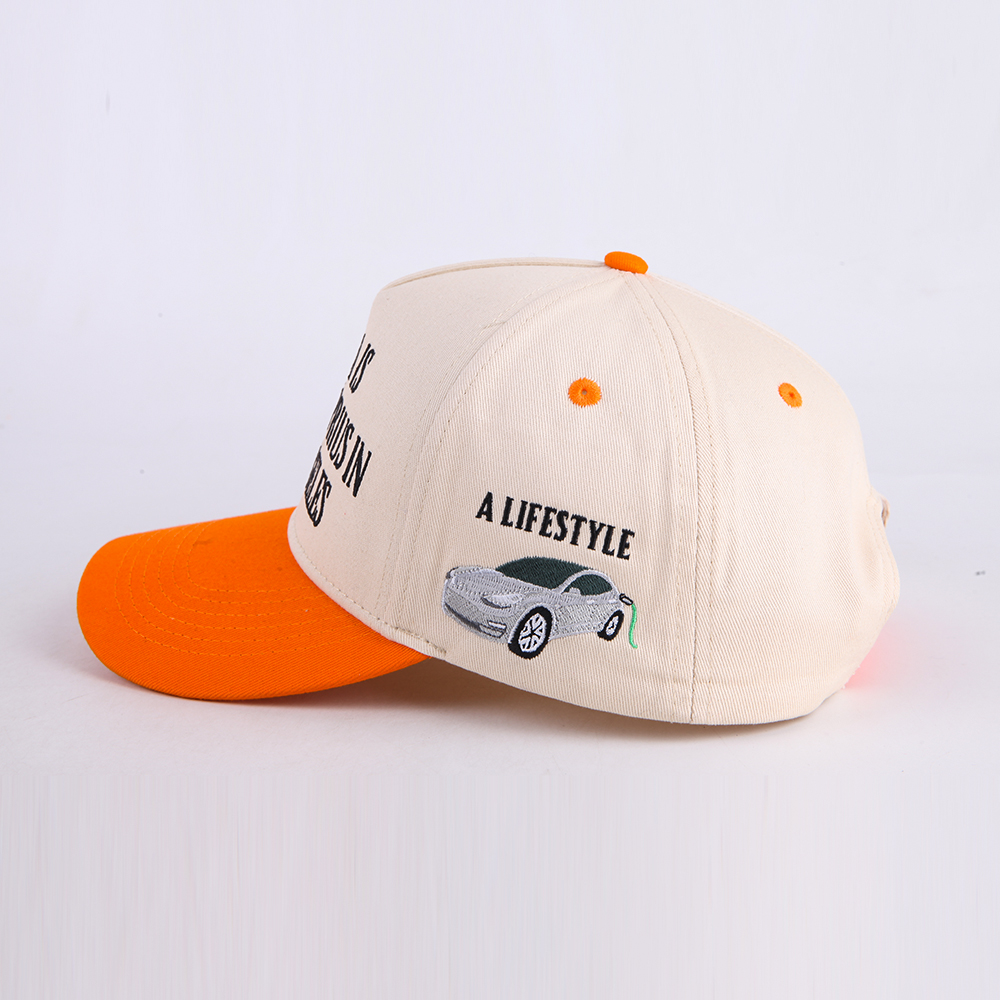 Cream and Orange Five Panel Baseball Cap with Black Statement Embroidery