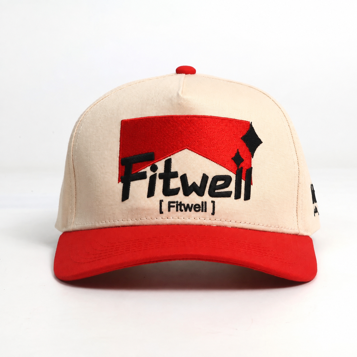 Two Tone Beige and Red Baseball Cap with Flat Embroidered Logo and Adjustable Strap Closure