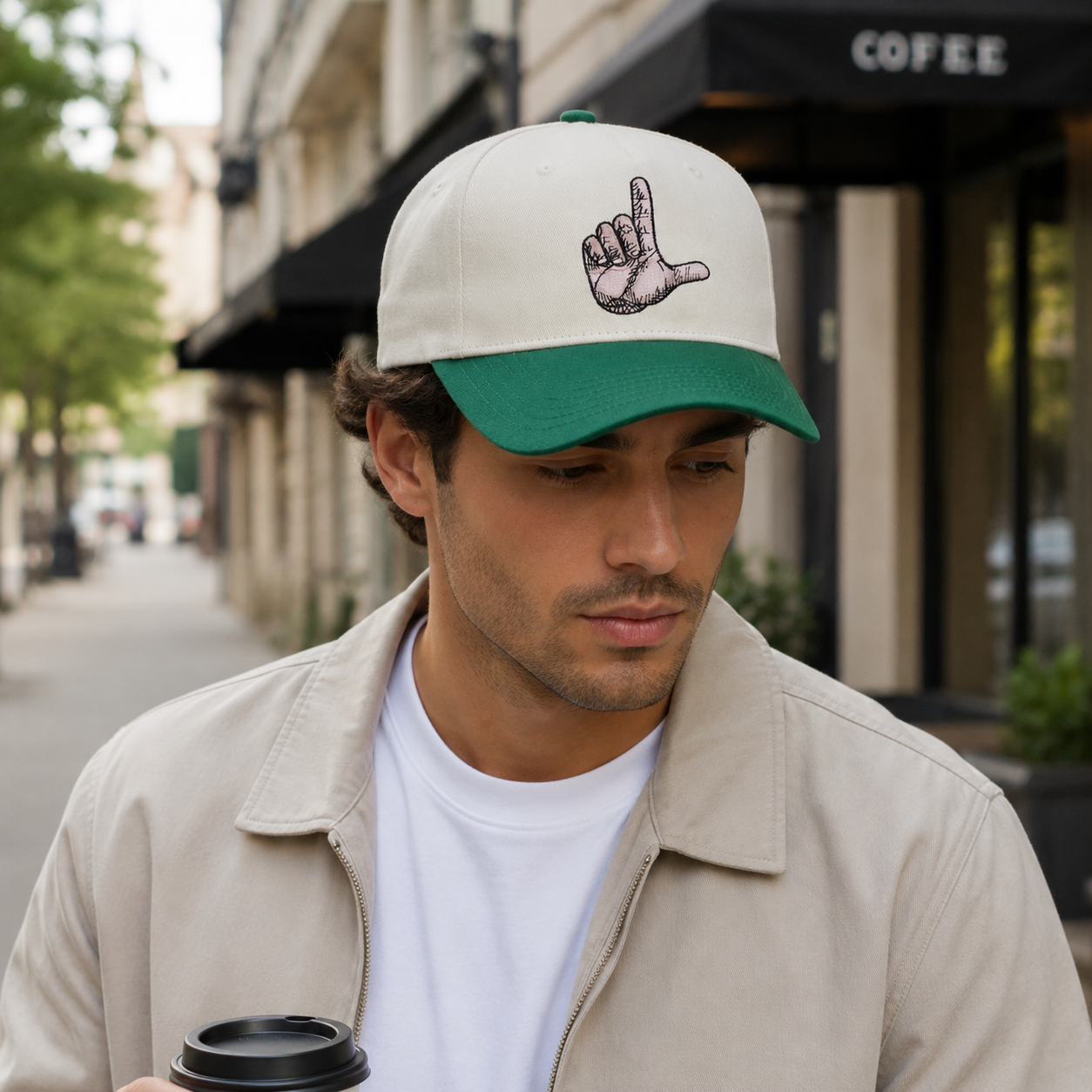 Cream and Green Two-Tone Hand Logo Baseball Cap