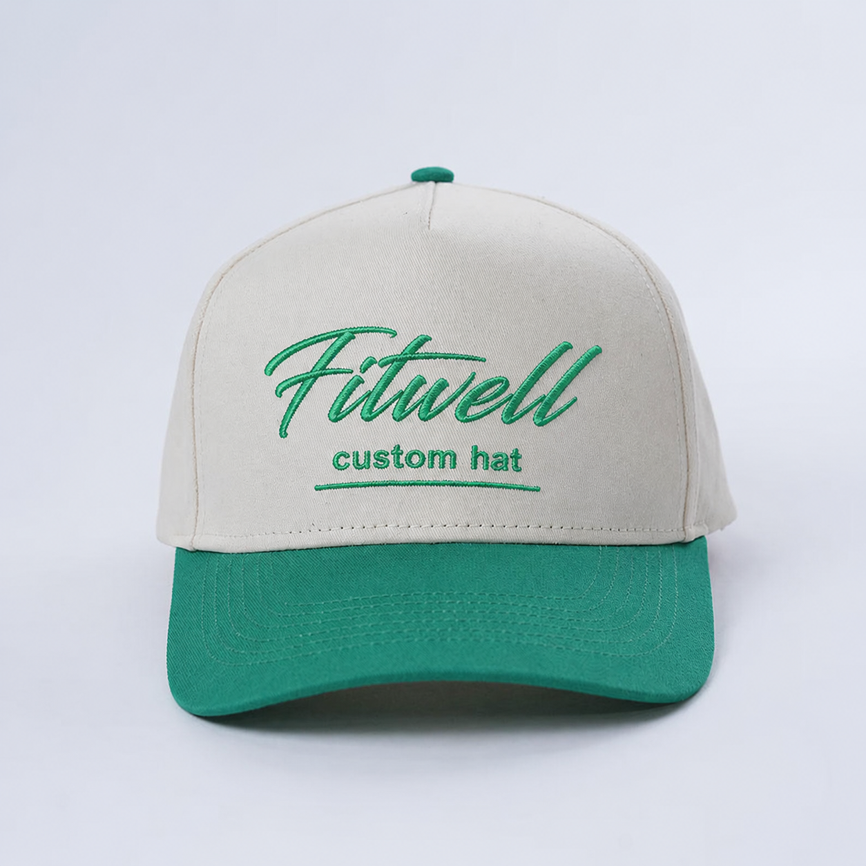 Cream and Green Two Tone Baseball Cap with Script Embroidery