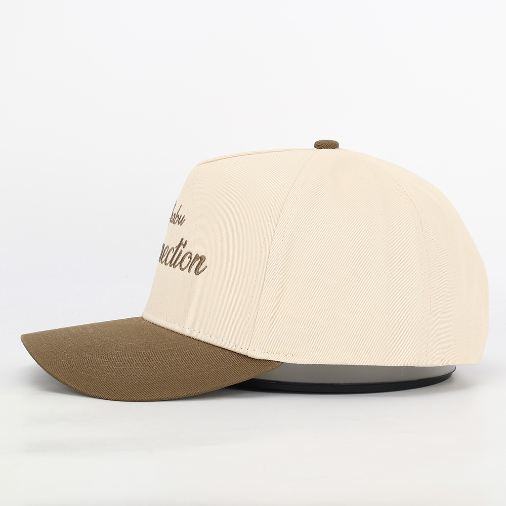 Two-Tone Cream and Khaki 5 Panel Cotton Twill Baseball Cap with Flat Embroidered Script Logo