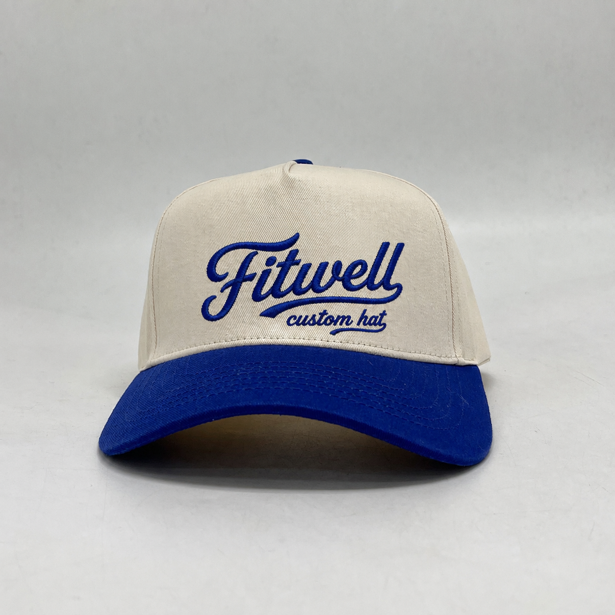 Ivory and Royal Blue Five-Panel Cotton Twill Cap with Mulligans Script Embroidery
