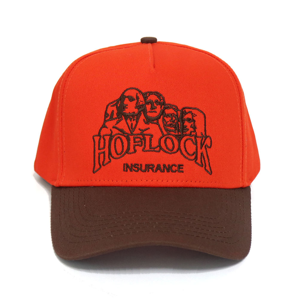 Orange and Brown Curved Brim Trucker Cap with Embroidered Graphic Logo