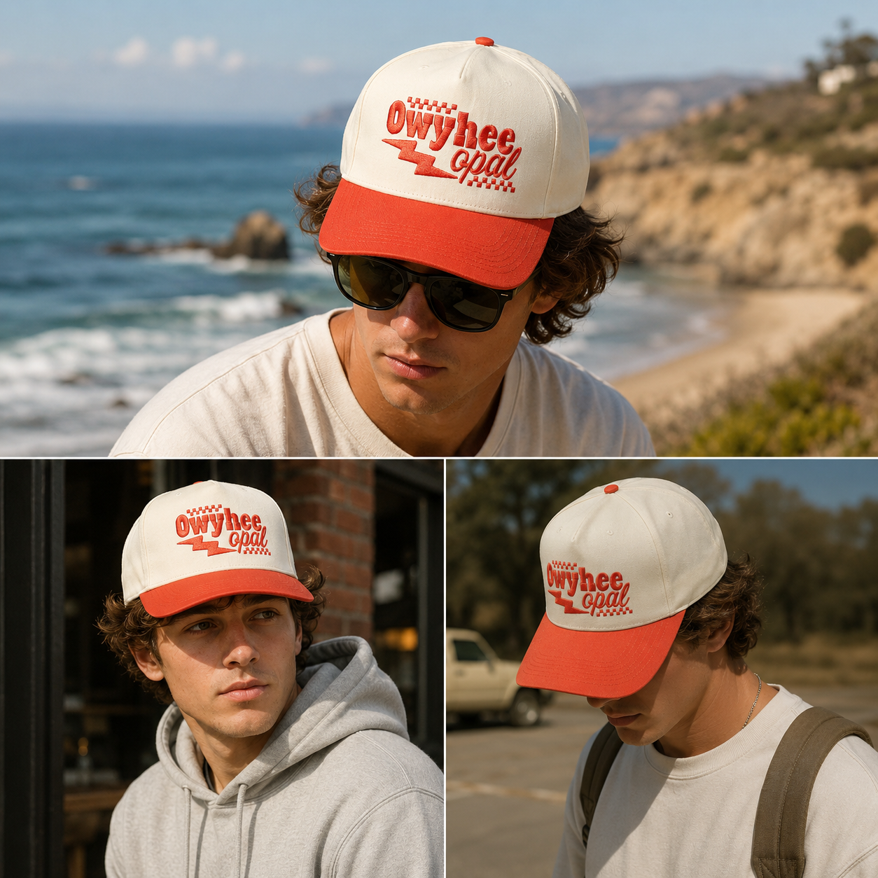 Cream and Orange Two-Tone 5-Panel Cotton Twill Baseball Cap with Flat Embroidered Logo