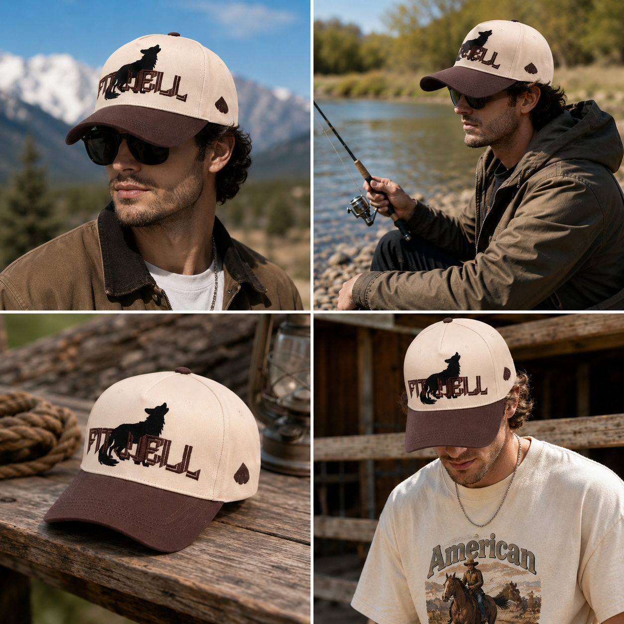 Beige and Brown Wolf Graphic Five-Panel Snapback Cap