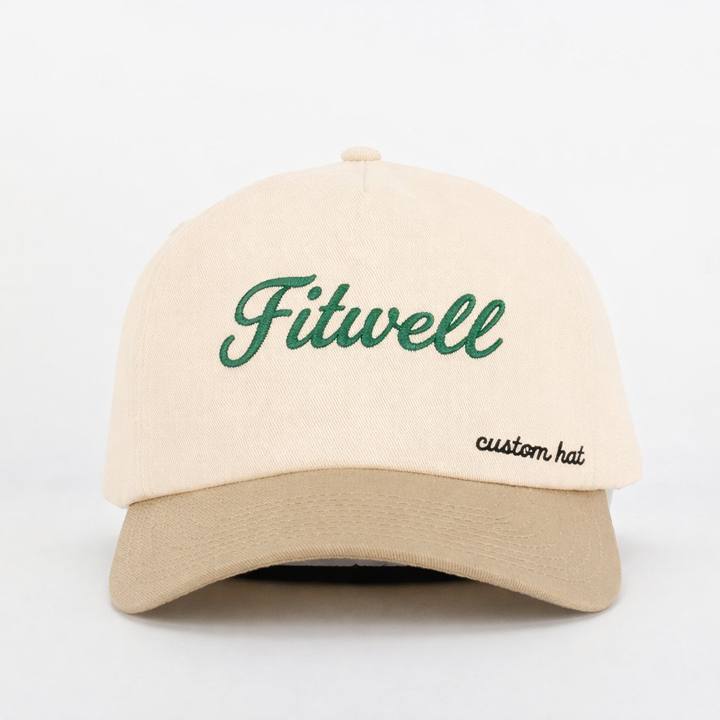 Beige and Khaki Baseball Cap with Green Embroidered Logo – 5 Panel Cotton Hat