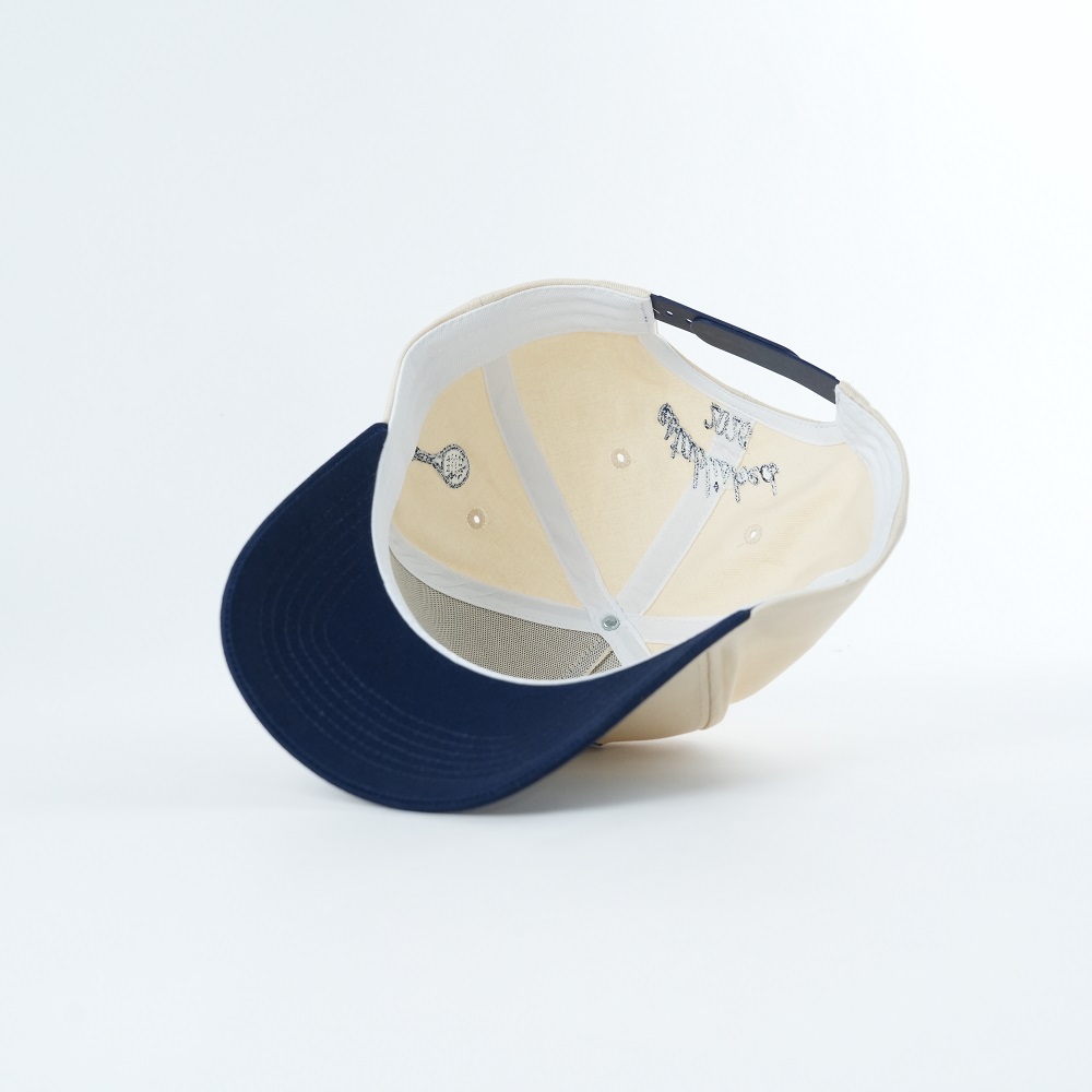 Cream and Navy Five Panel Baseball Cap with Script Roman Numeral Embroidery