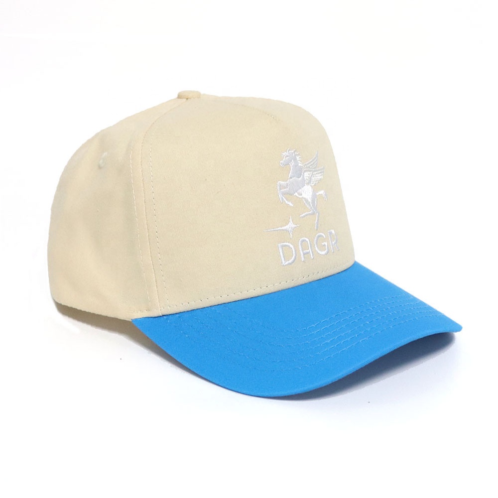 Beige and Blue Curved Brim Trucker Cap with Embroidered Pegasus Logo