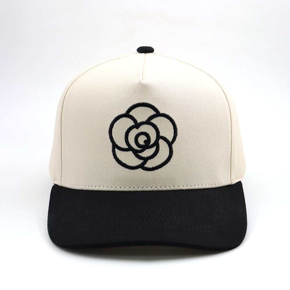 Two-Tone Flower Embroidered 5-Panel Cotton Twill Baseball Cap