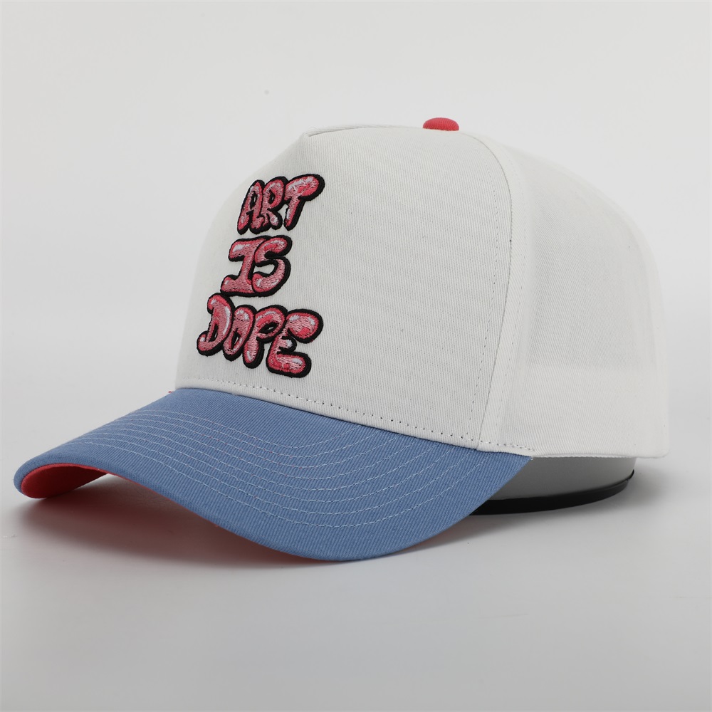 White and Blue Two-Tone Five-Panel Cotton Twill Baseball Cap with Pink ART IS DOPE Embroidery and Curved Brim