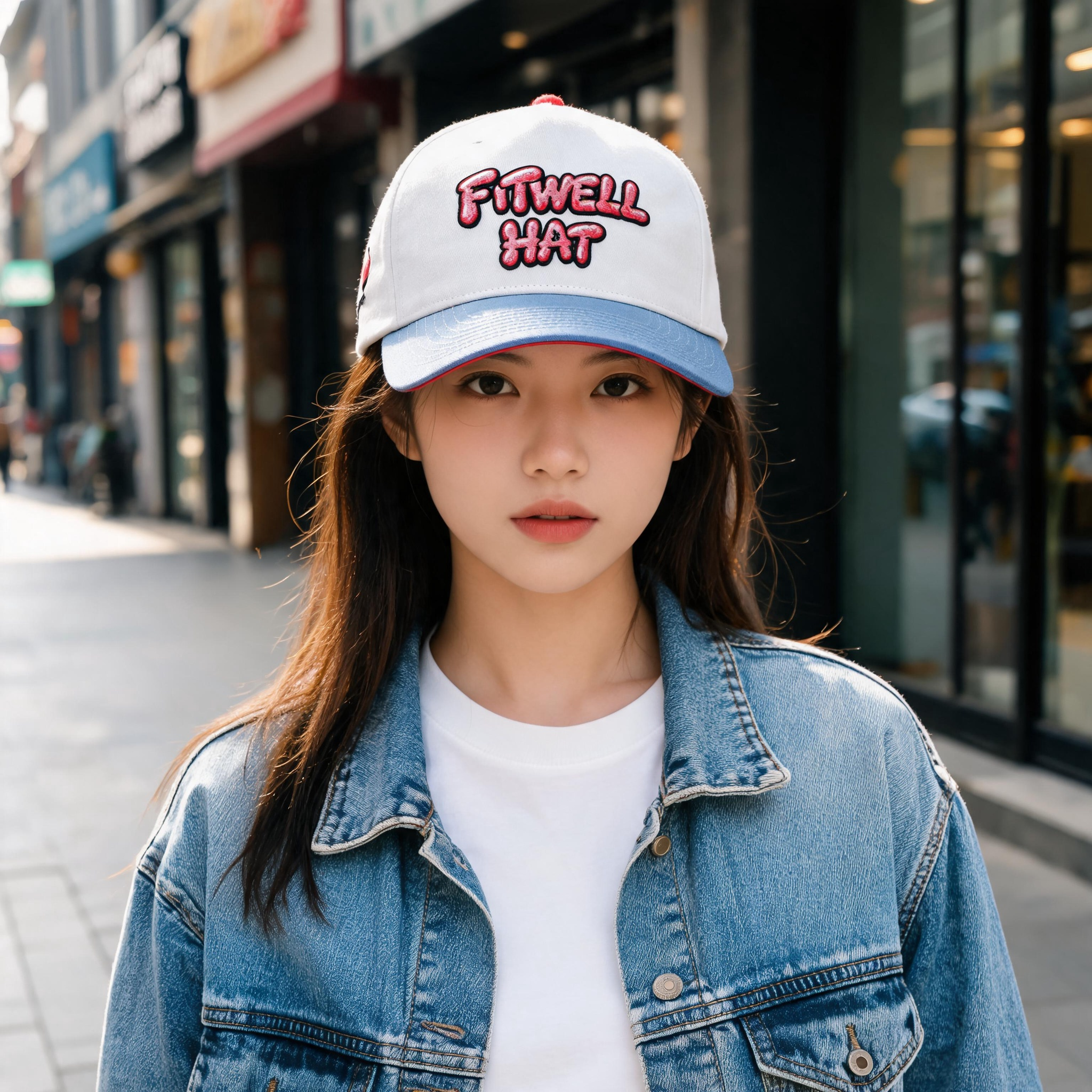 White and Blue Two-Tone Five-Panel Cotton Twill Baseball Cap with Pink ART IS DOPE Embroidery and Curved Brim