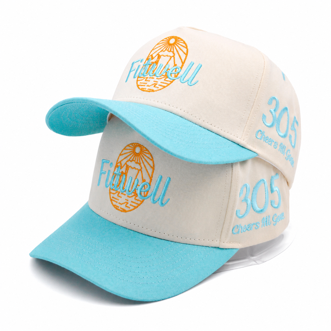 Two-Tone Flat Embroidered Fins Up 305 Cheers Miami Style 5-Panel Cotton Twill Baseball Cap