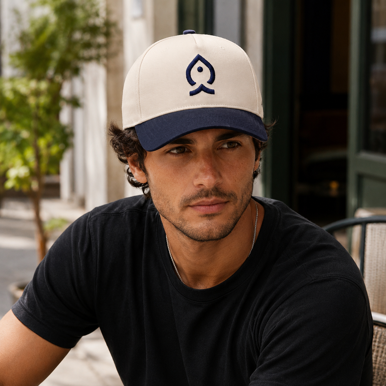 Cream and Navy Two-Tone 5-Panel Baseball Cap with Embroidered Water Drop Logo