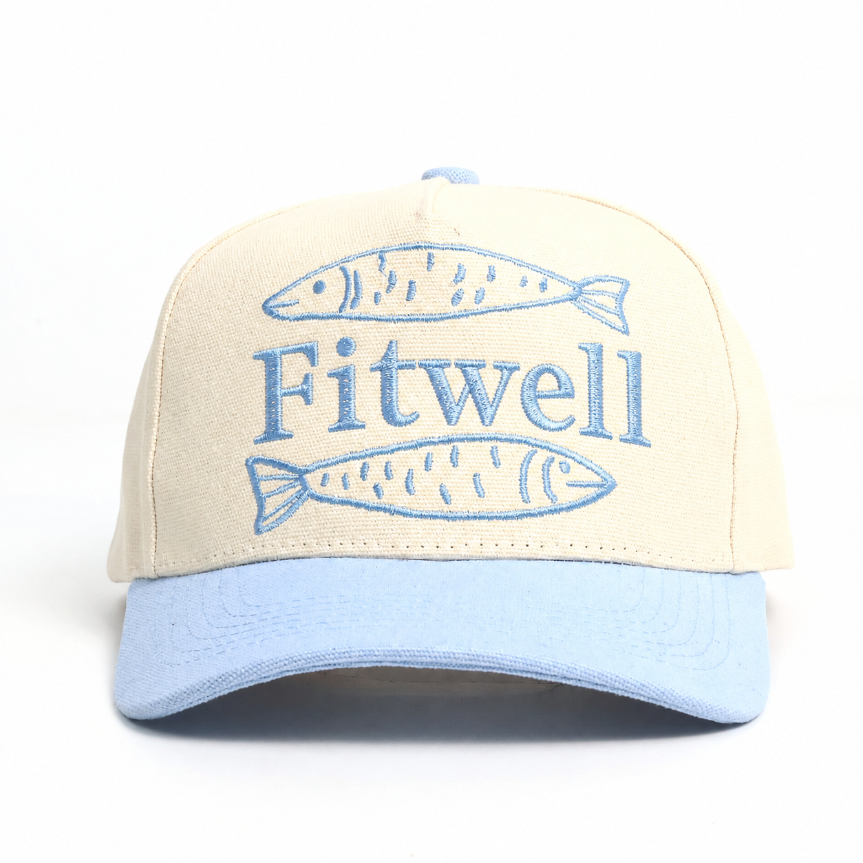 Cream & Light Blue Two-Tone 5-Panel Cotton Twill Baseball Cap with Fish Embroidery & Curved Brim