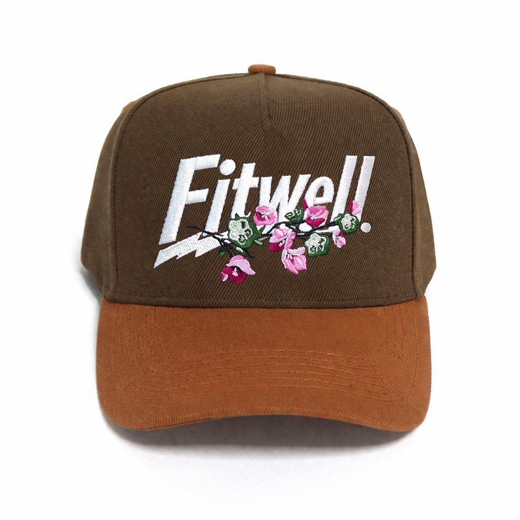 Brown Two Tone Floral Embroidered Letter Baseball Cap Adjustable Cotton Hat