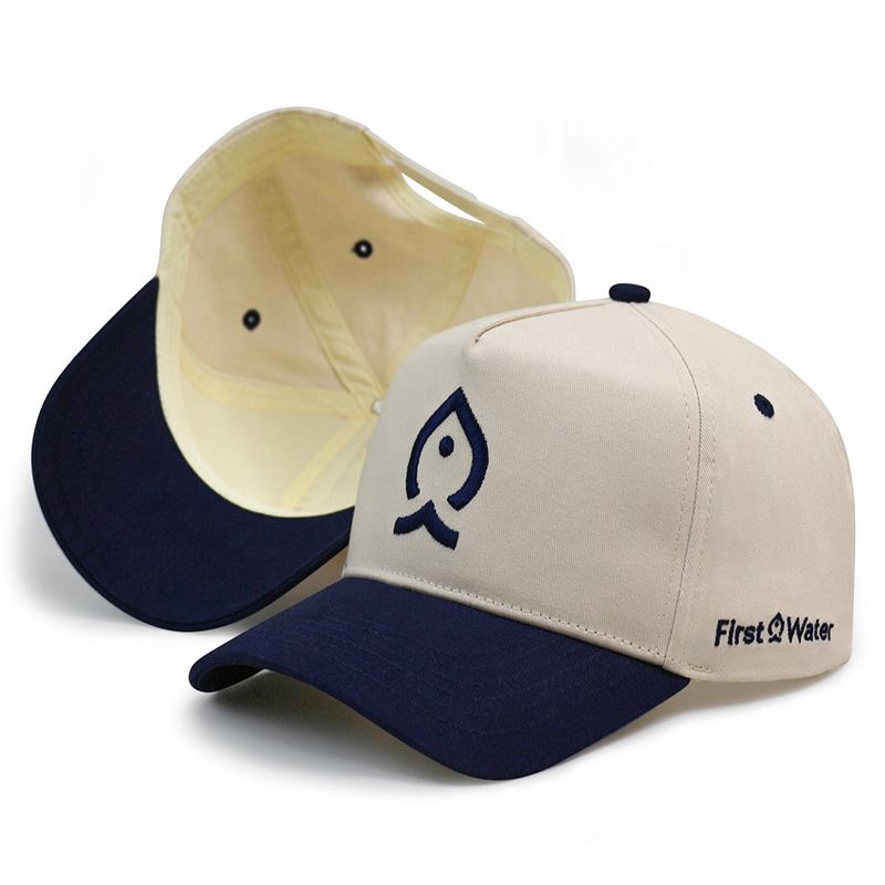 Cream and Navy Two-Tone 5-Panel Baseball Cap with Embroidered Water Drop Logo