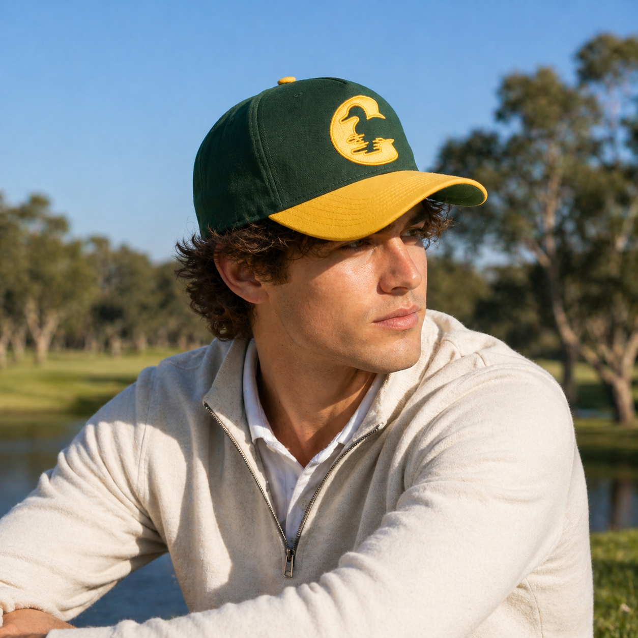 Green Yellow Two Tone Flat Embroidered Letter Baseball Cap Cotton Twill Hat