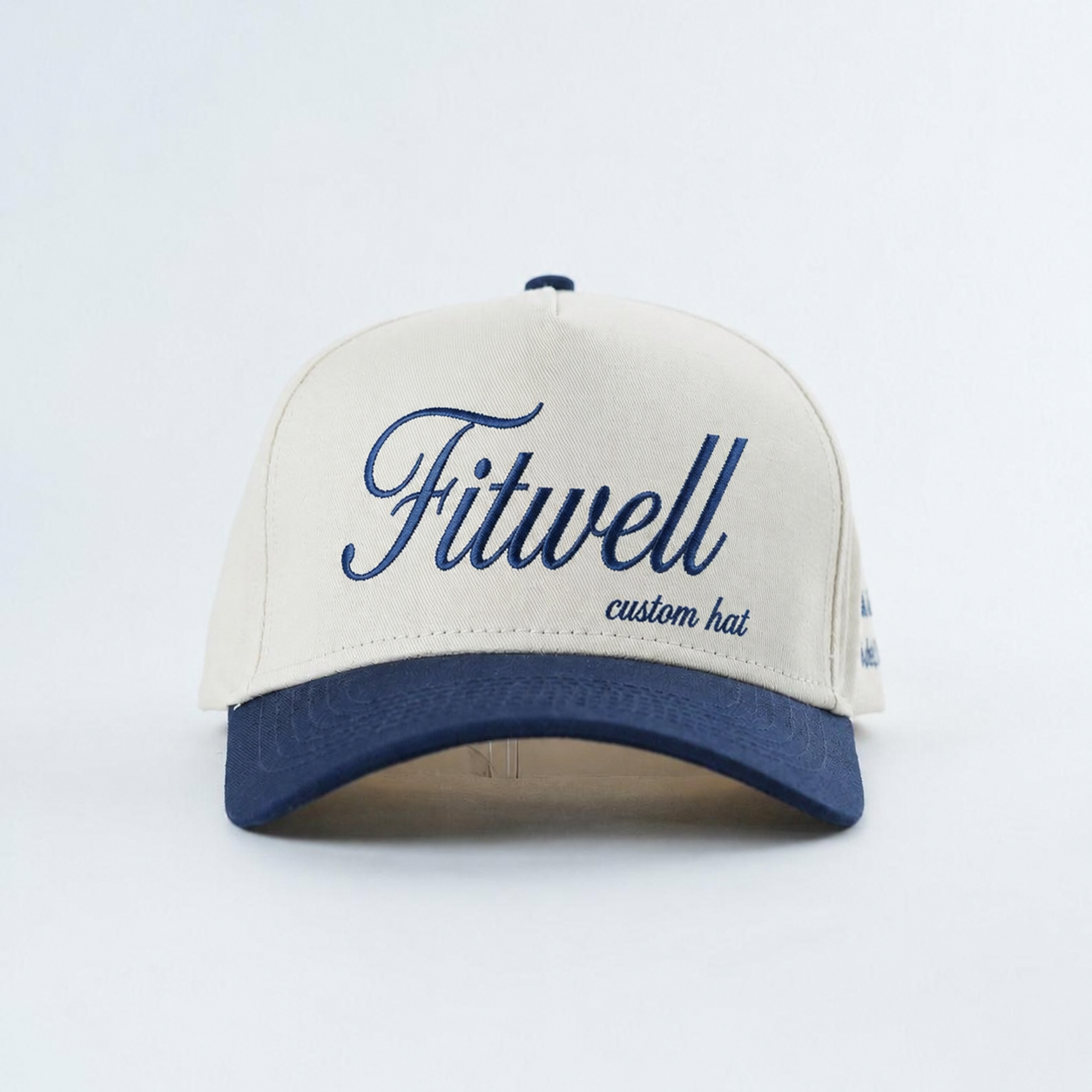 Cream and Navy Five Panel Baseball Cap with Script Roman Numeral Embroidery
