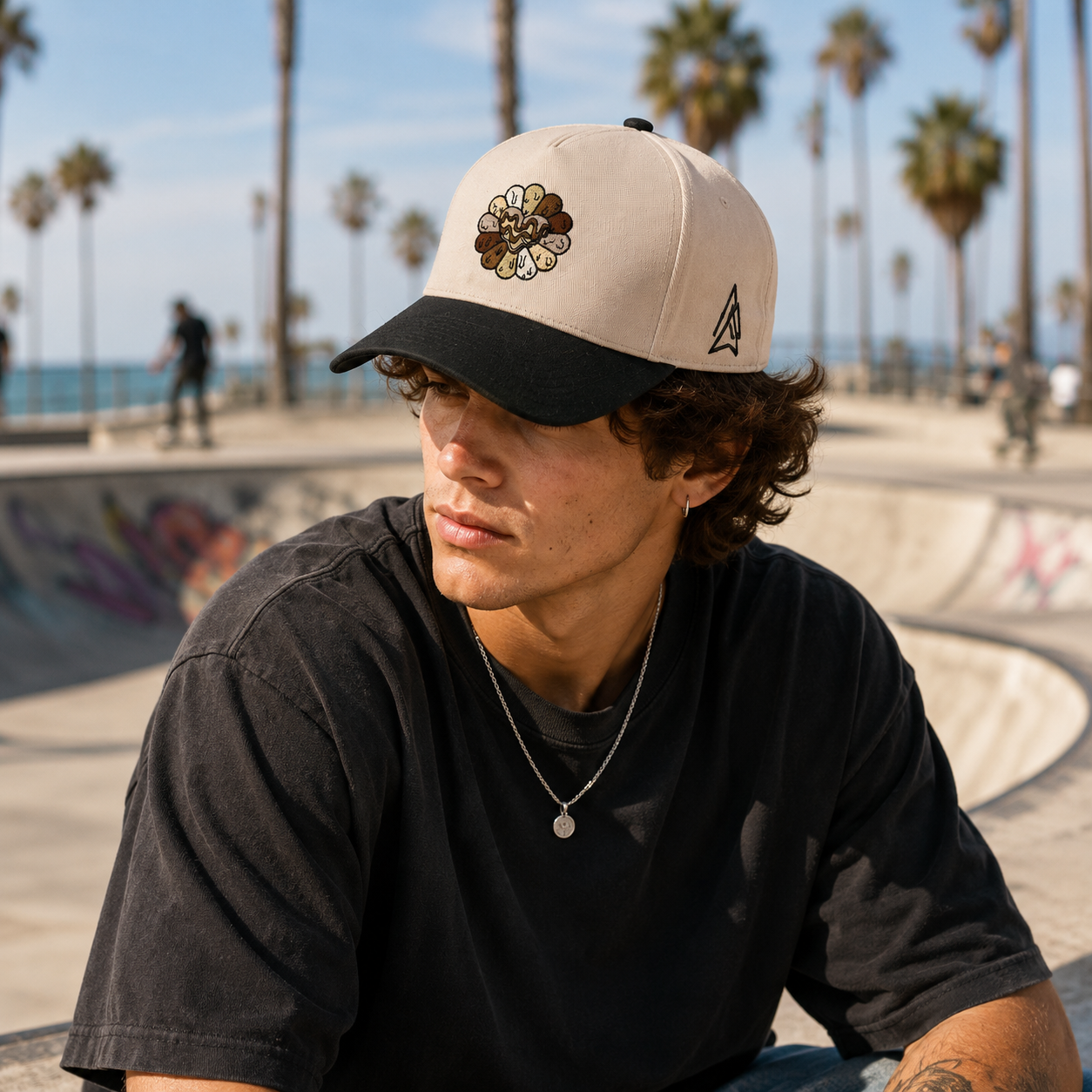 Flower Embroidered Two Tone Cotton Twill Baseball Cap