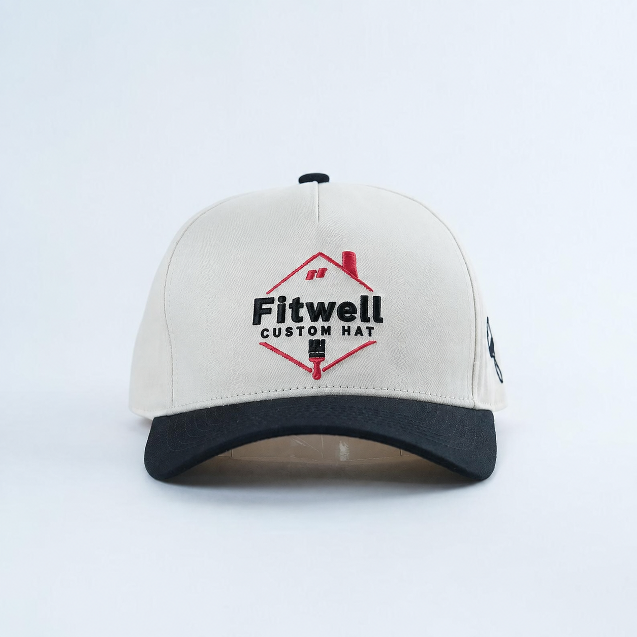 Ivory and Black Five-Panel Baseball Cap with Red Black Embroidered Logo