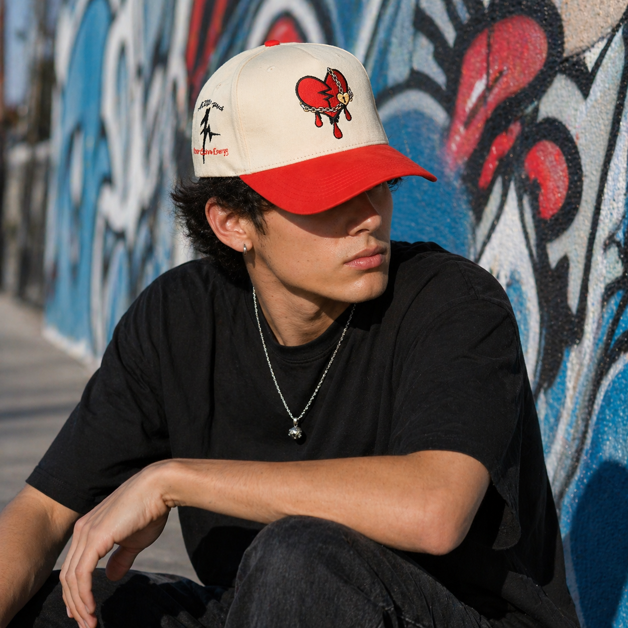 Red and Cream Broken Heart Embroidered Two Tone Baseball Cap