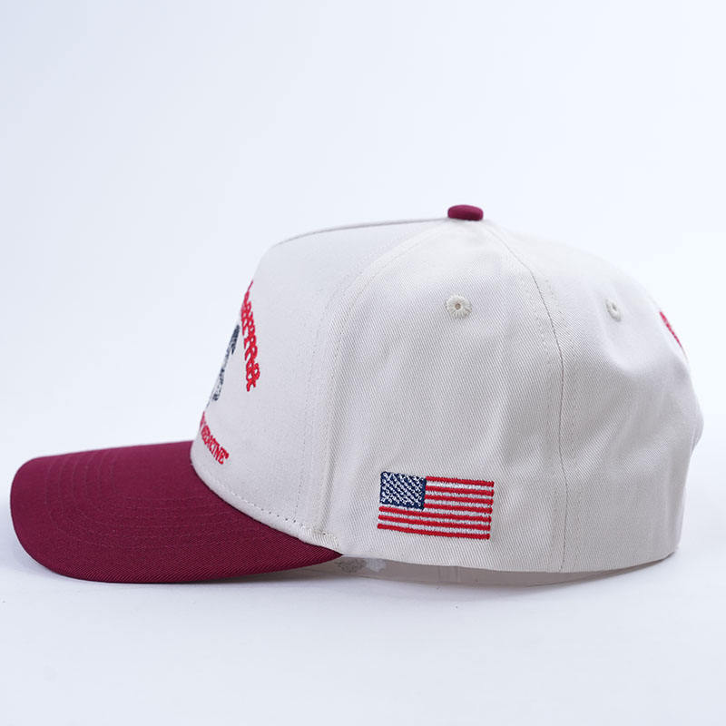White and Burgundy Two Tone Cotton Baseball Cap with Horse Farm Embroidered Logo