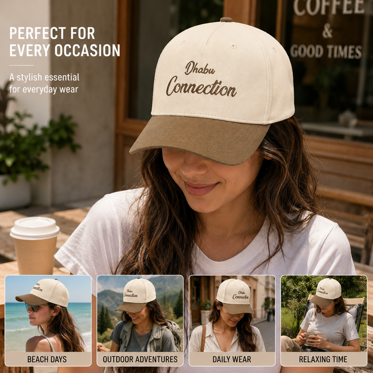 Two-Tone Cream and Khaki 5 Panel Cotton Twill Baseball Cap with Flat Embroidered Script Logo