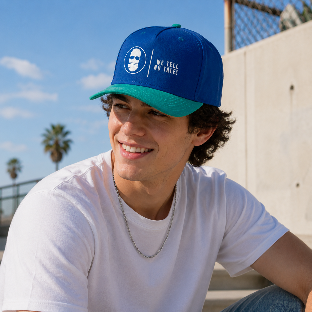 Blue and Teal Skull Embroidered Five-Panel Baseball Cap