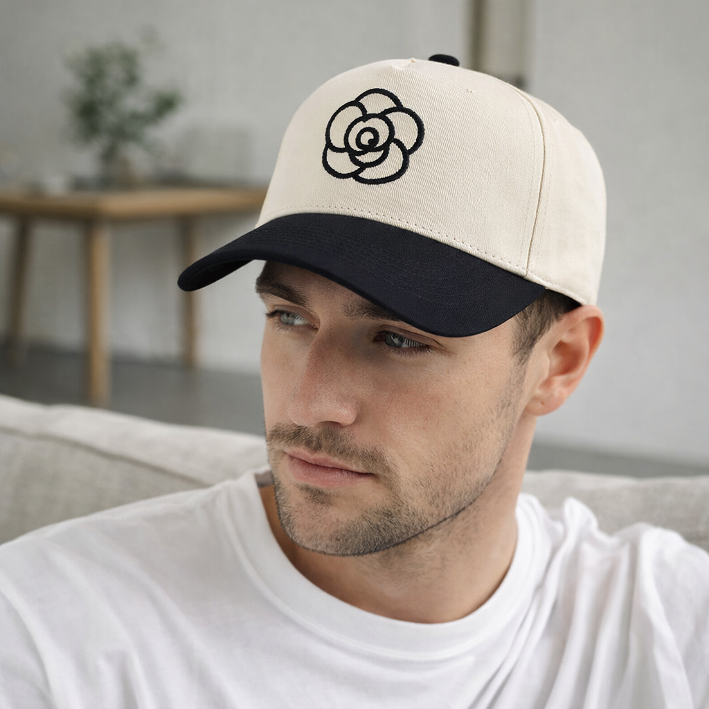Two-Tone Flower Embroidered 5-Panel Cotton Twill Baseball Cap