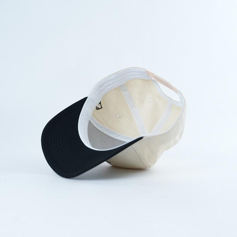 Ivory and Black Five-Panel Baseball Cap with Red Black Embroidered Logo