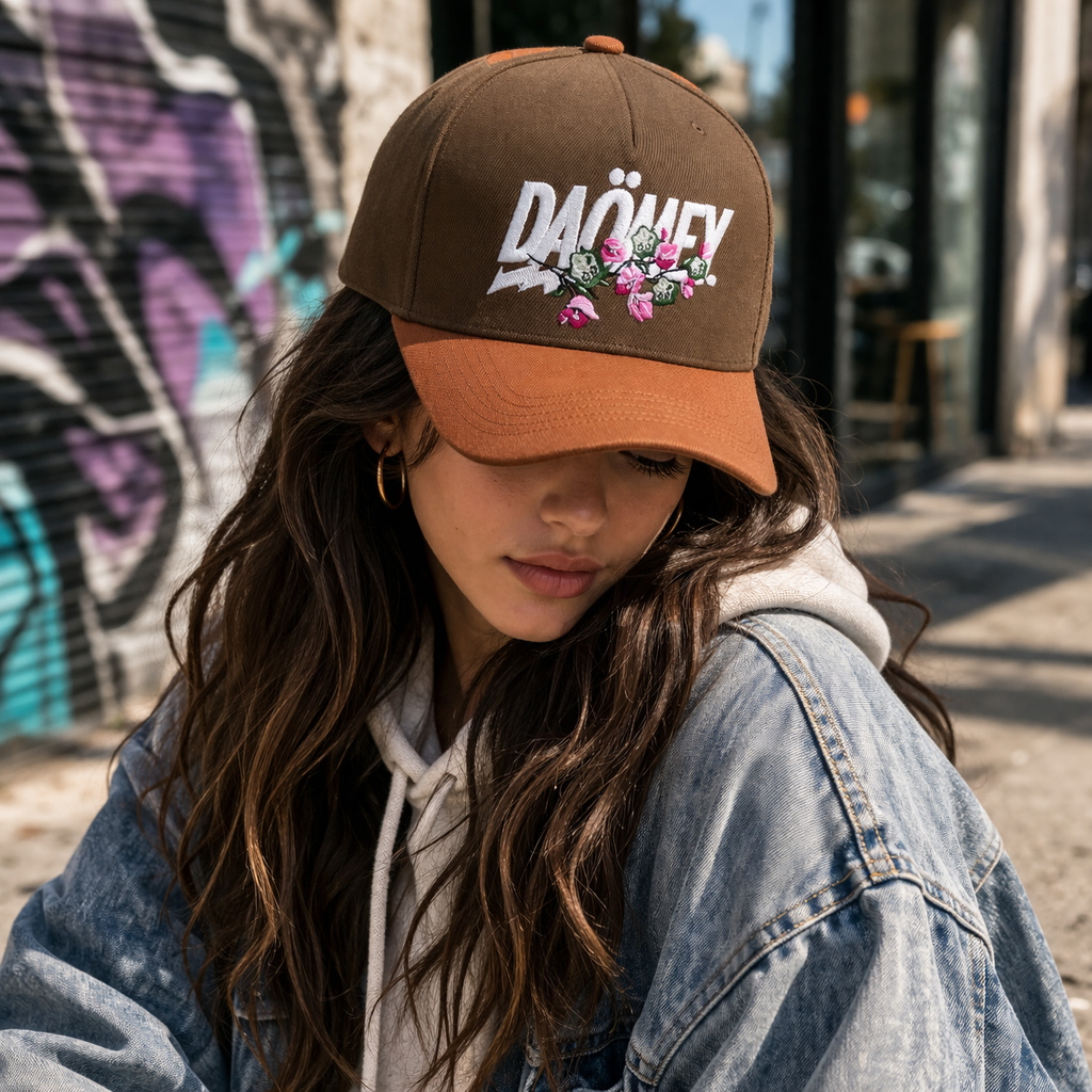 Brown Two Tone Floral Embroidered Letter Baseball Cap Adjustable Cotton Hat