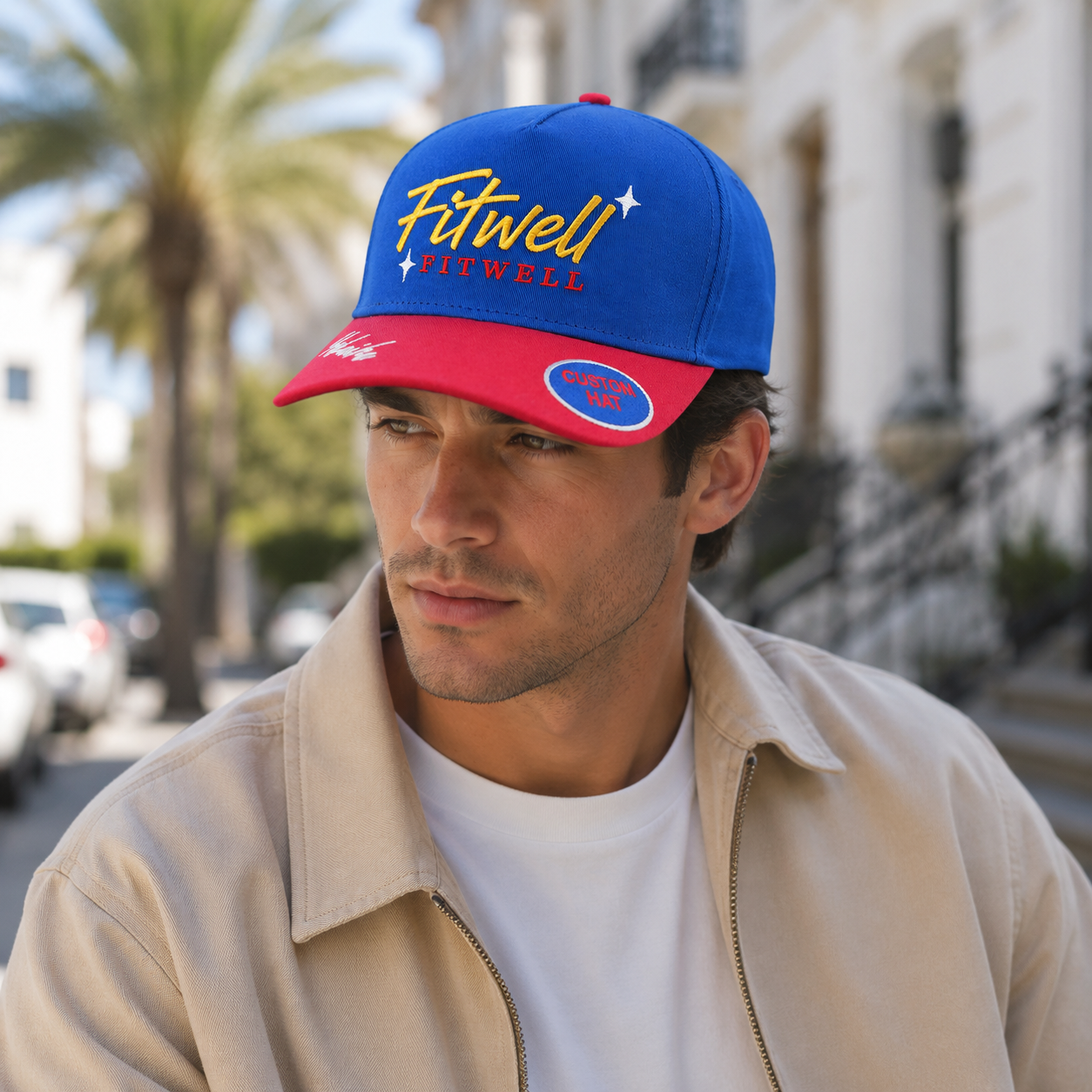 Blue and Red Flat Embroidered Five-Panel Baseball Cap