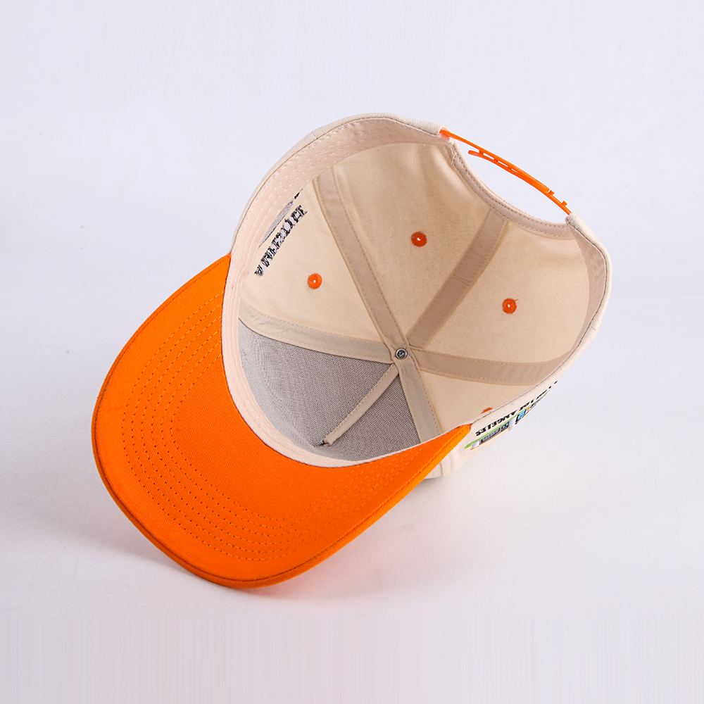 Cream and Orange Five Panel Baseball Cap with Black Statement Embroidery