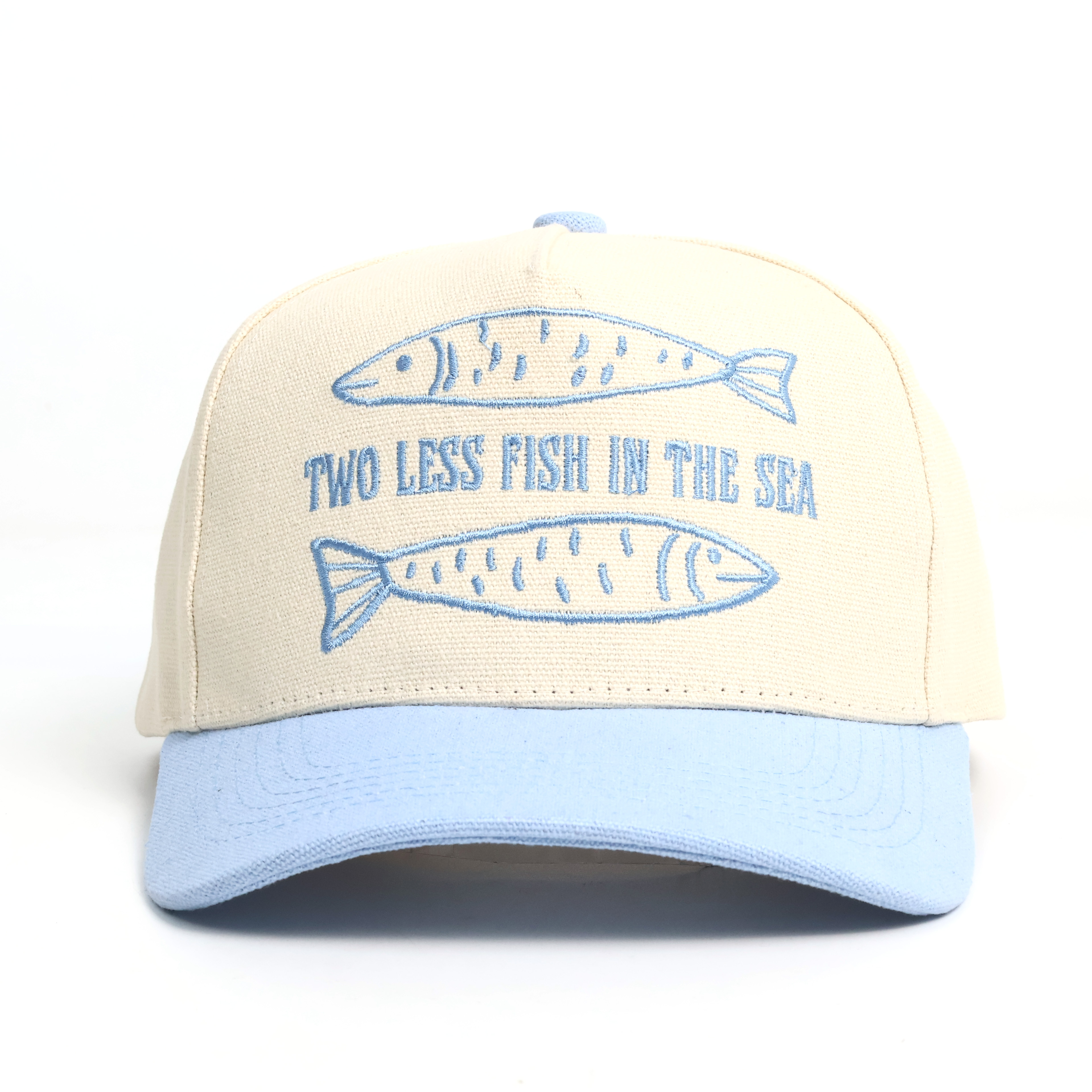Cream & Light Blue Two-Tone 5-Panel Cotton Twill Baseball Cap with Fish Embroidery & Curved Brim