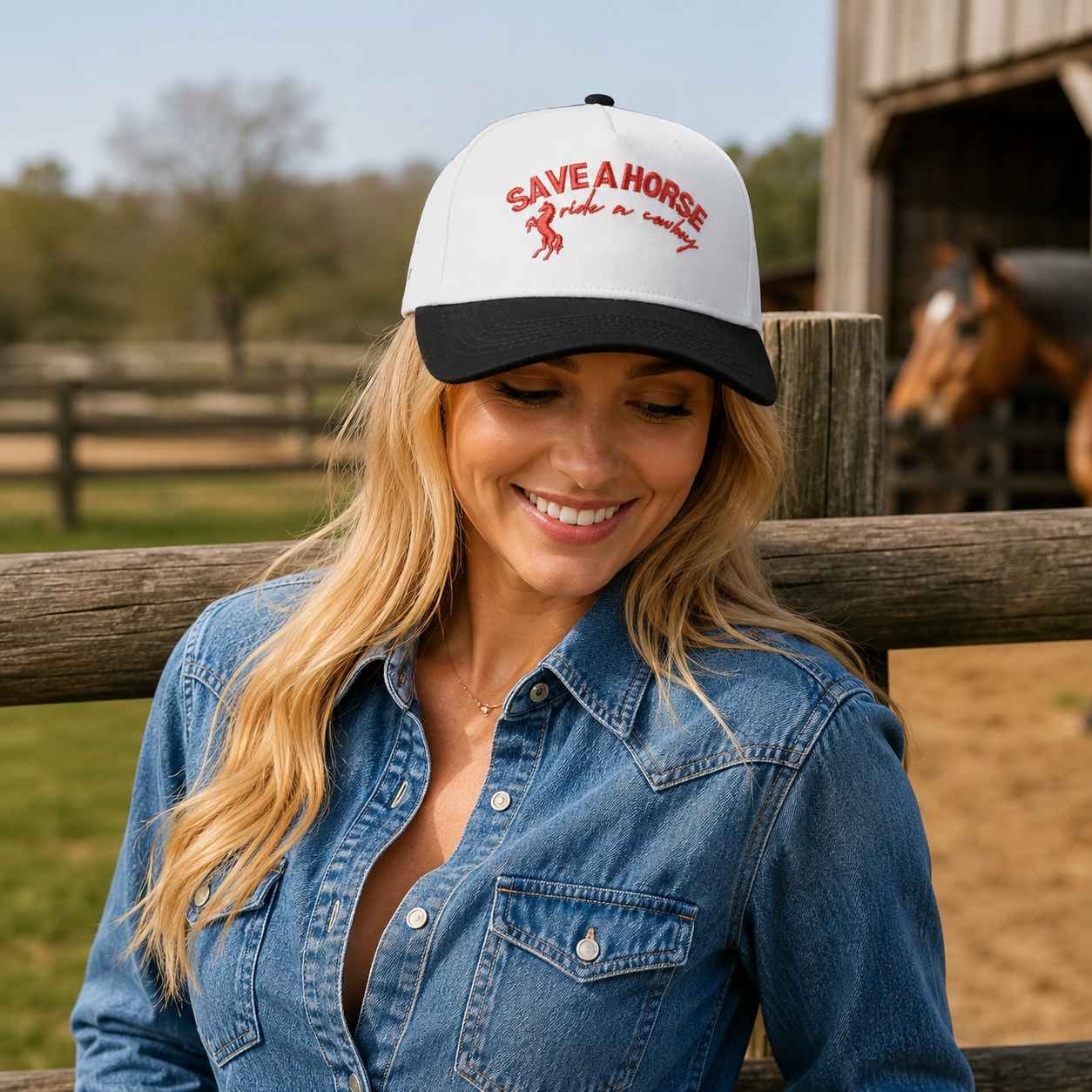 White Black Save A Horse Embroidered Two-Tone Baseball Cap