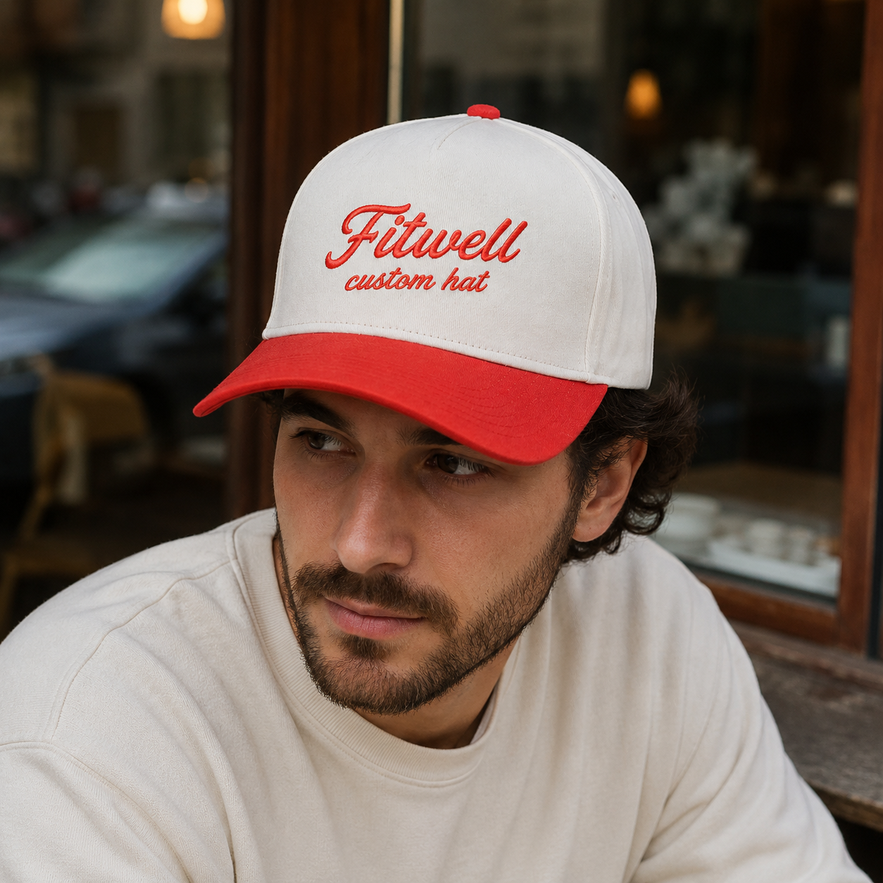 Cream Red Flat Embroidered Script Baseball Cap