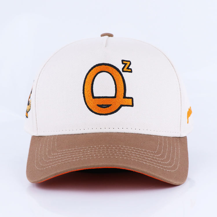 White and Khaki Embroidered Logo Five-Panel Baseball Cap