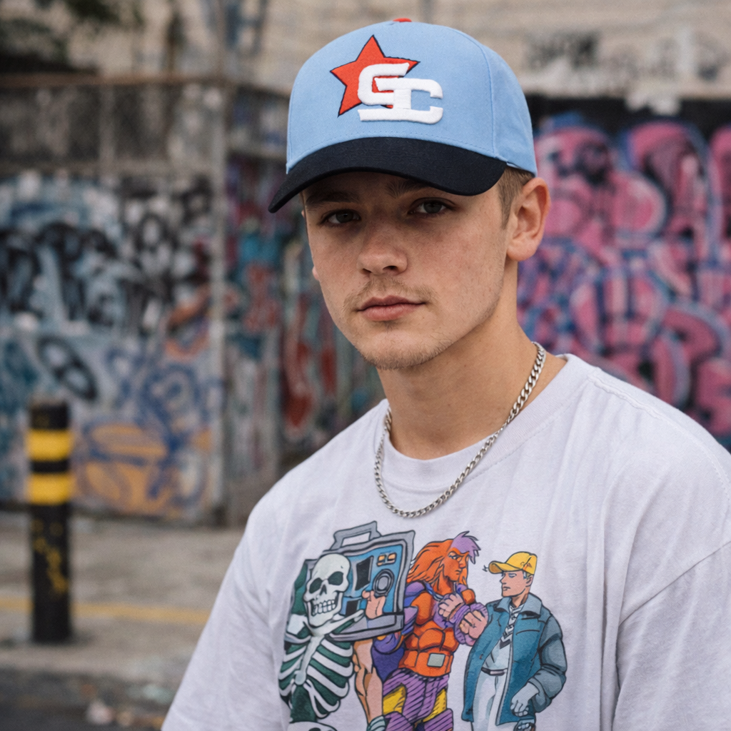 Light Blue and Black Star Logo 5 Panel Baseball Cap