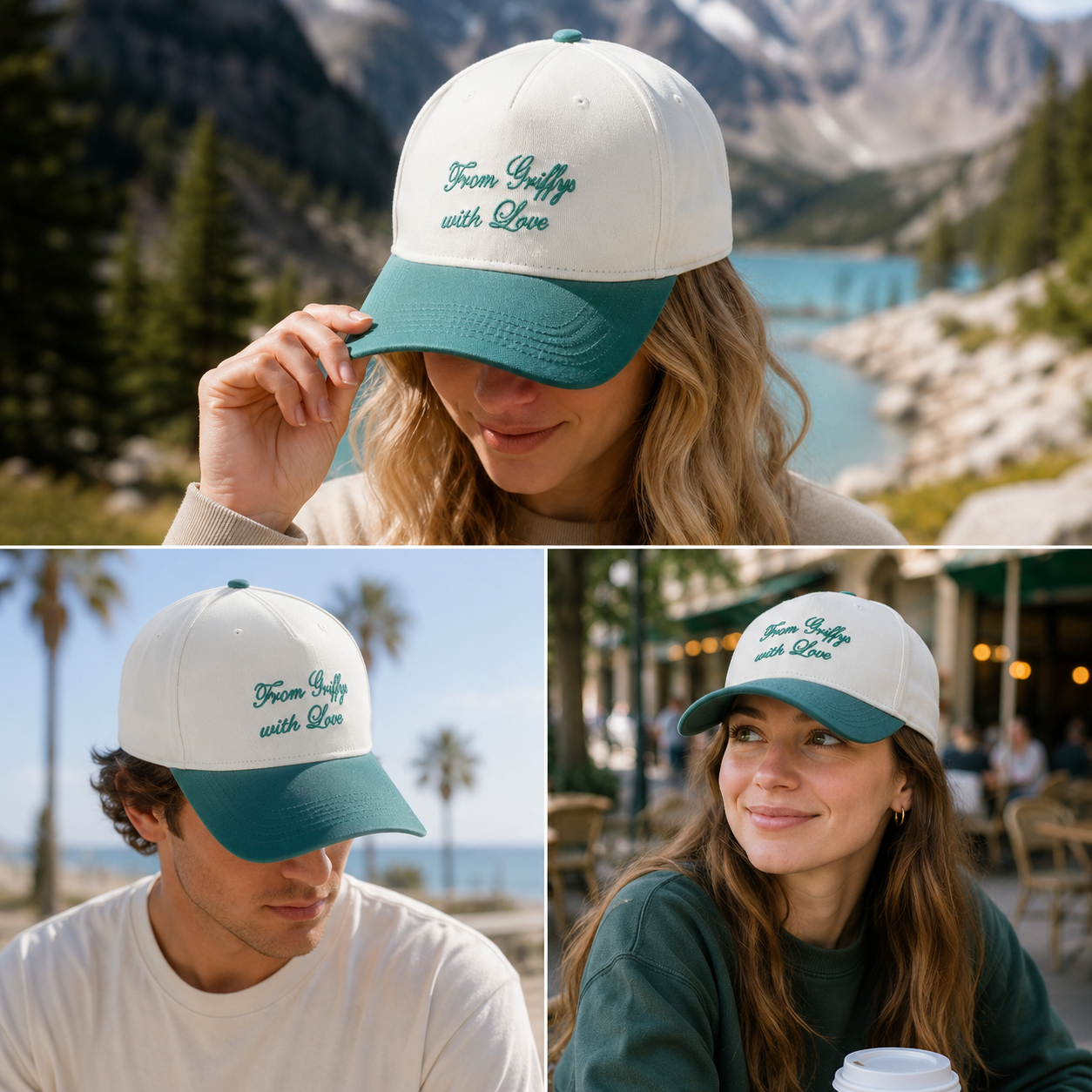 Cream and Green Two-Tone Script Embroidered Baseball Cap