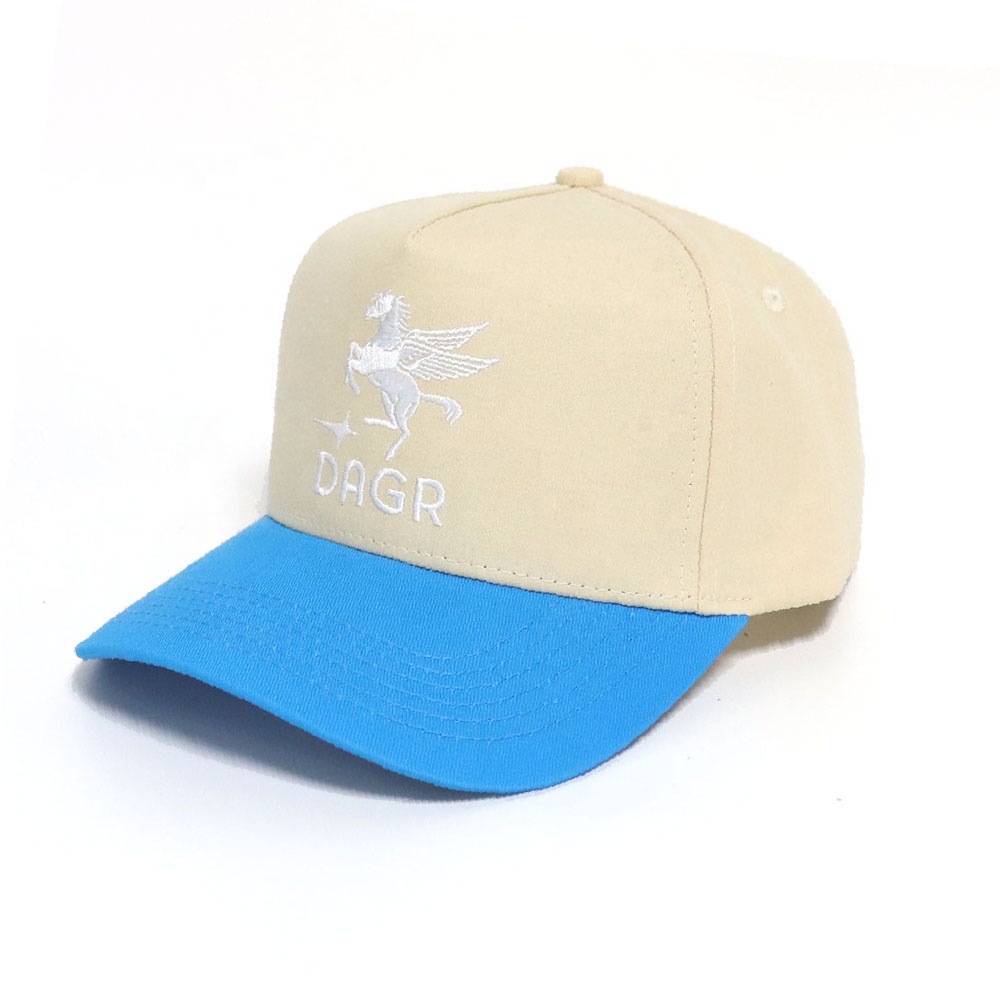 Beige and Blue Curved Brim Trucker Cap with Embroidered Pegasus Logo