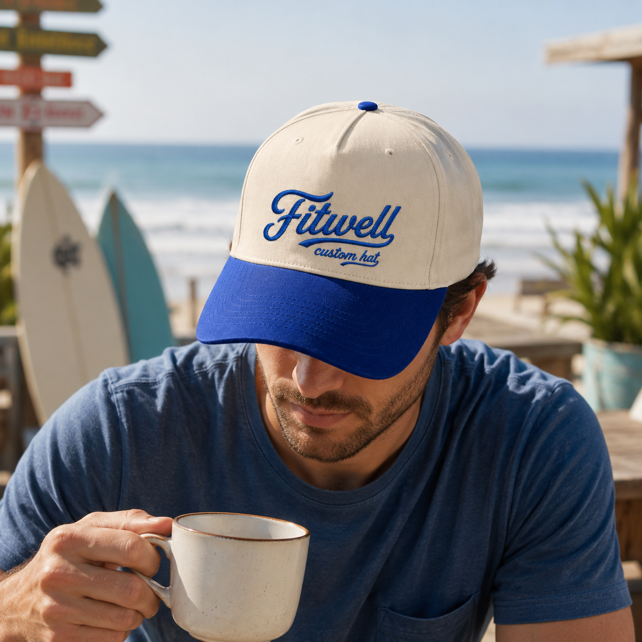 Ivory and Royal Blue Five-Panel Cotton Twill Cap with Mulligans Script Embroidery